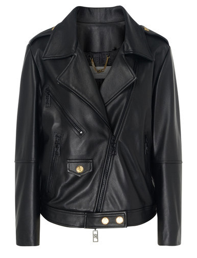 Elisabetta Franchi GOLD ブラックレザージャケット Biker jacket with contrasting topstitching | Elisabetta Franchi