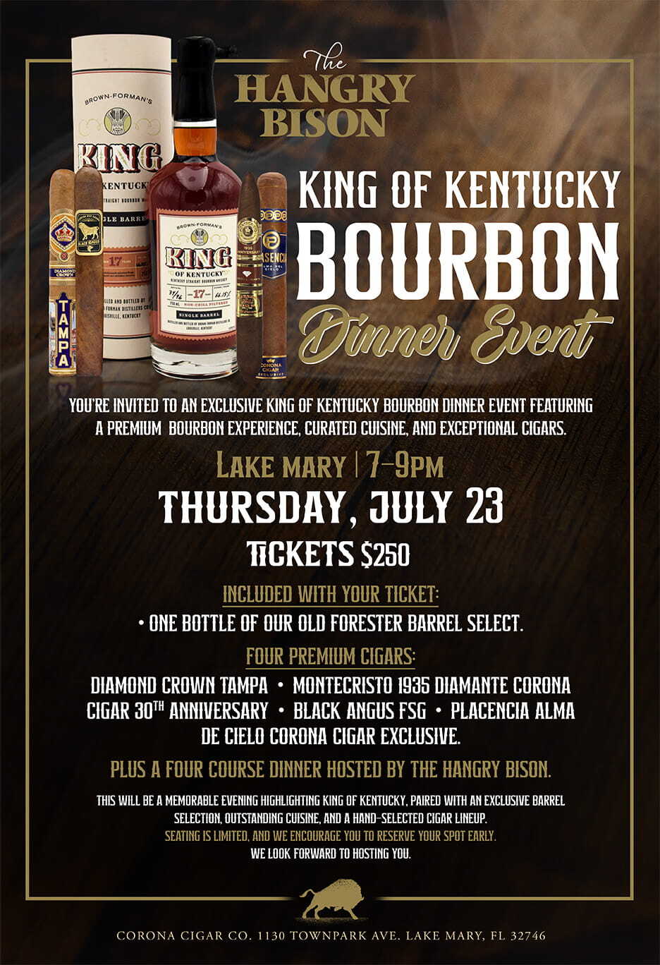 King of Kentucky Bourbon Dinner Event – The Hangry Bison at Lake Mary/Heathrow