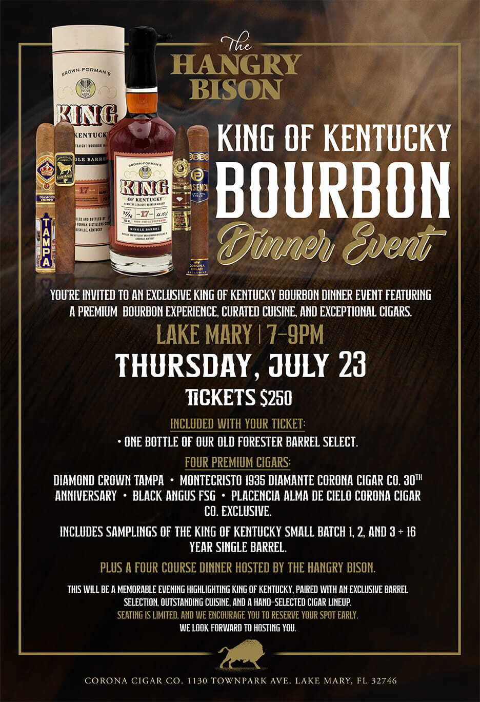 King of Kentucky Bourbon Dinner Event – The Hangry Bison at Lake Mary/Heathrow