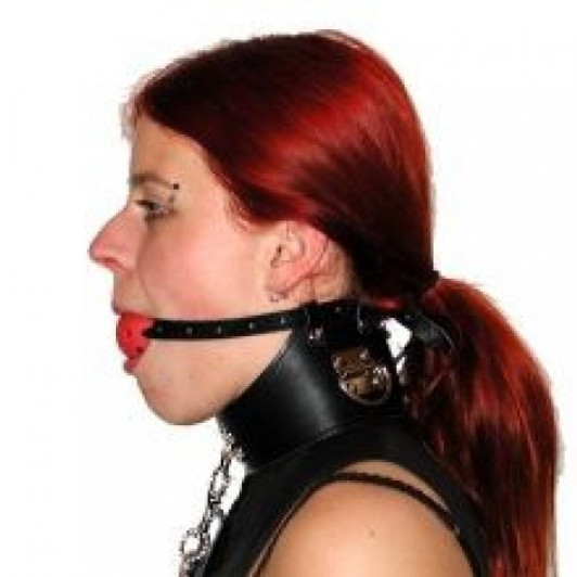 Neck collar with mouth gag and restrained chain