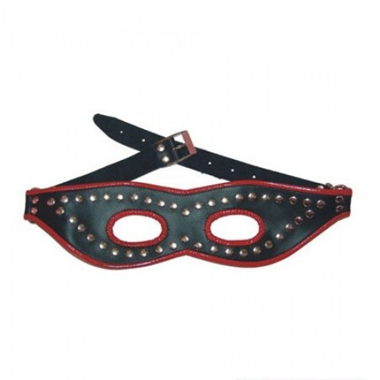 Black leather mask with red stripe