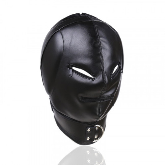 Hood Masks Cyprus-Black Leather Bondage Headgear Hood Mask with Sponge Earmuffs Mouth Eyes Sealed by Zipper for Men and Women Sex Toys 