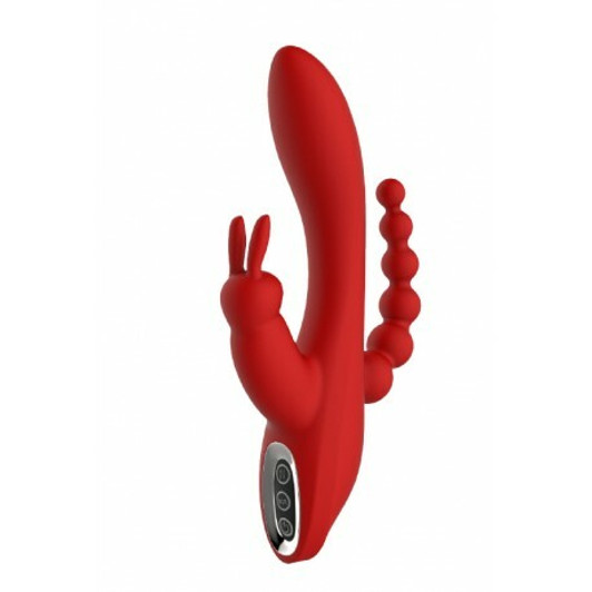 Triple vibration stimulator HERA, silicone, Red, 21 cm