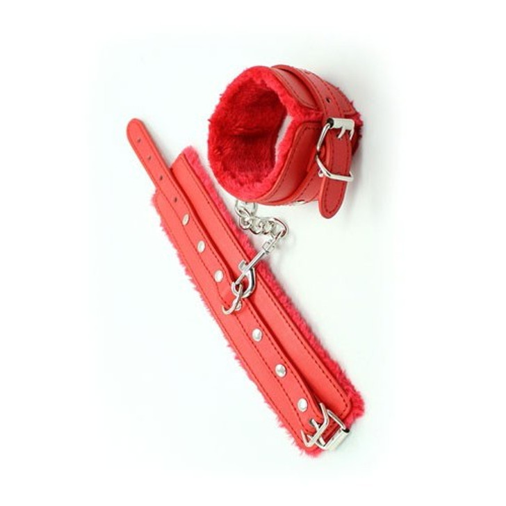 Red Faux Fur Leather Handcuffs
