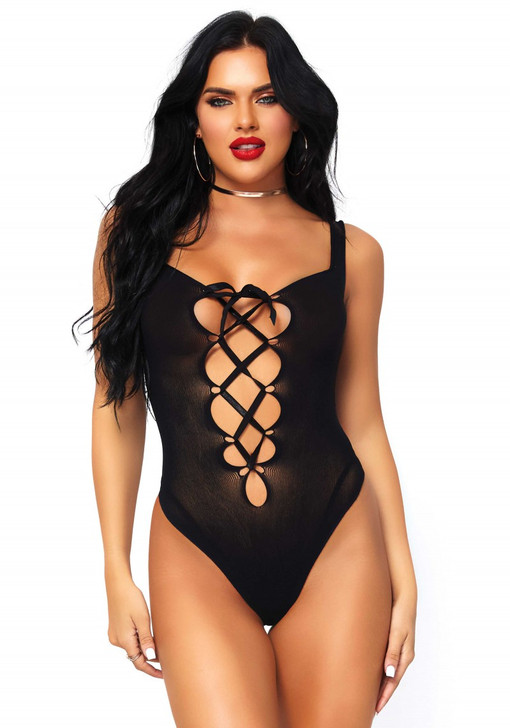 Opaque lace up thong teddy Black O/S