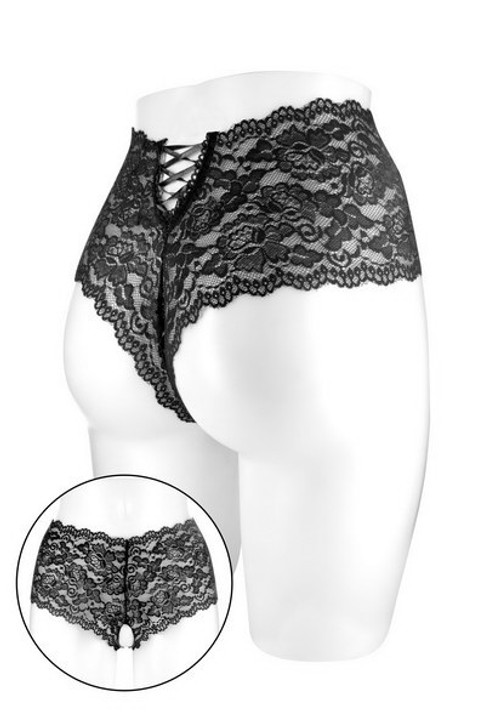 BOXER JULIA OUVERT EN DENTELLE ET LACAGE NOIR O/S