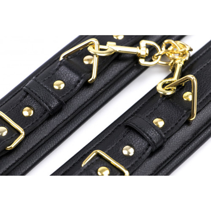 Wrist Cuffs Cyprus-Black Soft Padded Leather Wrist Cuffs with Golden Chain