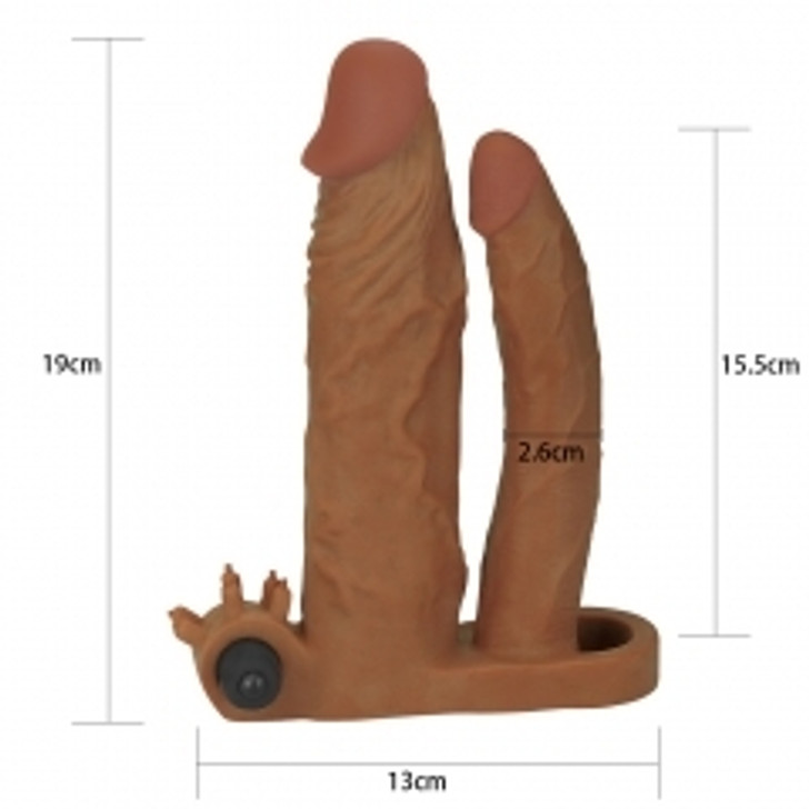 Add 2″ Pleasure X Tender Vibrating Double Penis Sleeve Brown