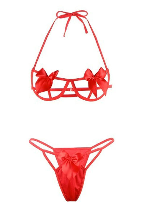 SET 2 PCS Open bra and thong set with bows One Size