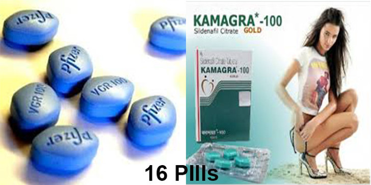 Combo Viagra Sildenafil Tablets 100mg + Kamagra Sildenafil Tablets 100 (12pills + 4pills) 16 Pcs (Ελληνική Περιγραφή)