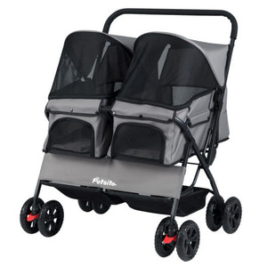 Foldable Double Pet Stroller with Adjustable Sunshade and Storage Basket-Gray - Color: Gray D681-PW10142GR