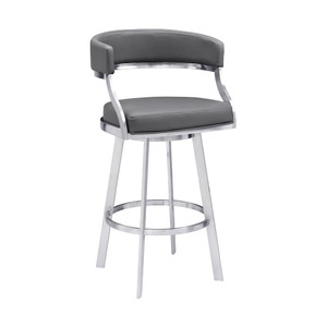 30" Gray And Silver Faux Leather And Iron Swivel Low Back Bar Height Bar Chair N270-477143