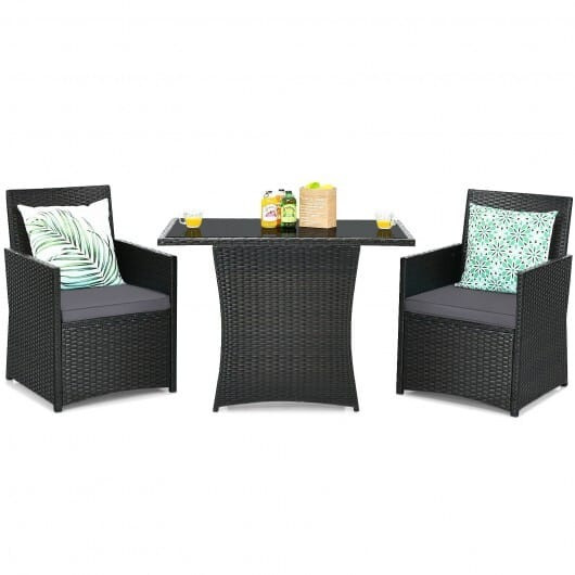 3 Pieces Patio Rattan Furniture Set with Cushion and Sofa Armrest-Gray - Color: Gray D681-HW68178GR