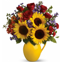 Pitcher of Joy With Sunflowers and Red Roses Bouquet | Salvy the Florist Pitcher of Joy With Sunflowers and Red Roses Bouquet | Salvy the Florist