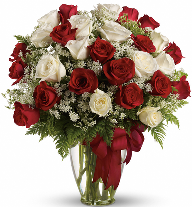 Love's Divine Premium Bouquet - 16 Red and 12 White Roses