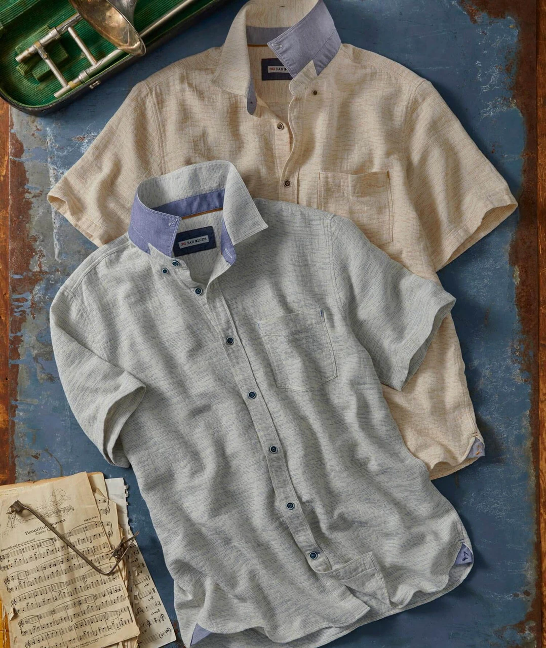 Men's Short Sleeve Cotton Linen Jacquard Shirt | Break Of Day | Blue