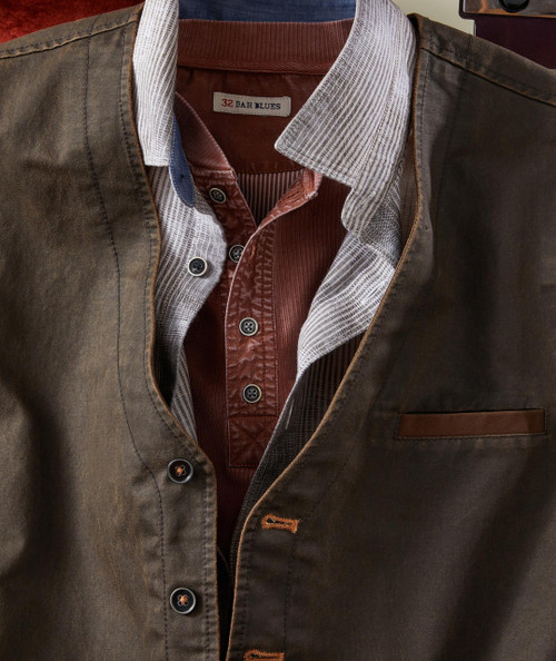 32 Bar Blues Which Way? product, close-up image showcasing a layered men's jacket and shirt with detailed stitching and buttons.