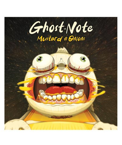 32 Bar Blues Ghost-Note - Mustard N' Onions, music album cover with a cartoonish, screaming ghost face with exaggerated teeth and bulging eyes, set against a dark, cosmic background.