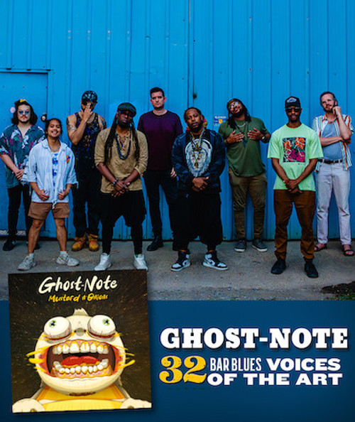 32 Bar Blues Ghost-Note - Mustard N' Onions, album cover featuring a cartoonish creature with large eyes and teeth, with a group of diverse people standing in front of a bright blue background.