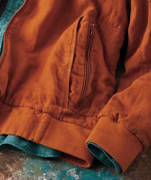 32 Bar Blues Fusion Juice, close-up of a brown jacket with a zippered pocket and teal accents on the cuffs.