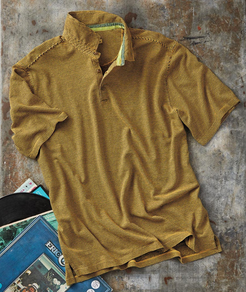 32 Bar Blues Samba Blue, striped yellow and blue polo shirt on a textured surface with vinyl records nearby.