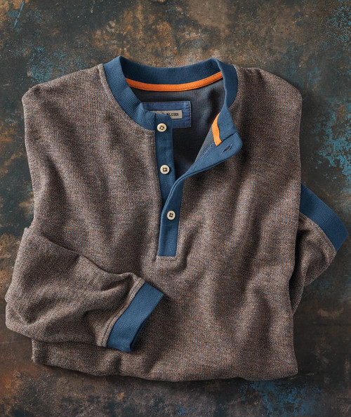 32 Bar Blues Hip Tip, Casual men's long sleeve sweater with a textured fabric, blue collar, and button placket.