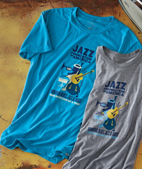 32 Bar Blues There's A Brighter Day Ahead T-shirts, featuring a colorful graphic of a jazzy character playing guitar, against a textured background.