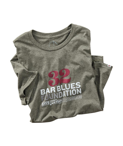 32 Bar Blues Foundation T-Shirt, gray crew neck t-shirt with red number 32, white and purple text reading 'Bar Blues Foundation,' and musical notes graphic.