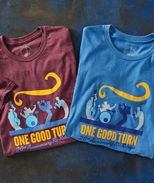 32 Bar Blues Let's Do It Again, colorful band t-shirts for music celebration, featuring illustrations of musicians and bold text celebrating the 20th anniversary of a re-release.