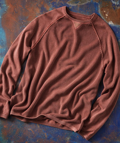 32 Bar Blues Bumpity Bump, brown textured long sleeve casual sweater on a colorful industrial background.