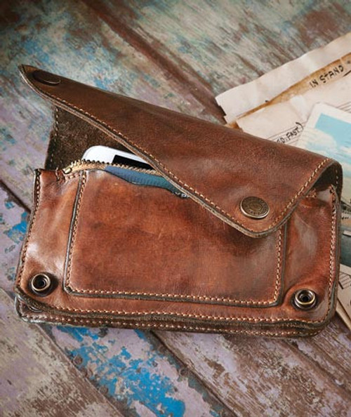 32 Bar Blues Only In It For The Money, Vintage leather clutch bag with zipper pocket and flap closure, placed on a wooden surface with scattered papers.