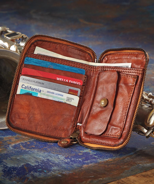 32 Bar Blues Keep Your Hands Out Of My Money, inside view of a brown leather wallet with credit cards and cash inside.