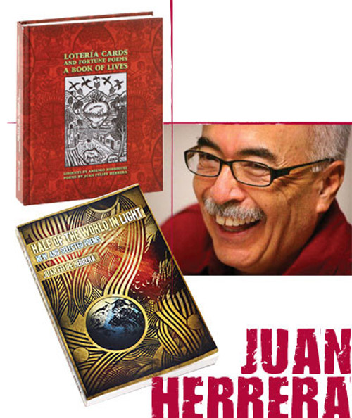 32 Bar Blues Juan Felipe Herrera - Half Of The World In Light, image of a book cover titled 'Half Of The World In Light' with artwork of the Earth and golden Abstract lines, and a partial view of Juan Felipe Herrera smiling with glasses.