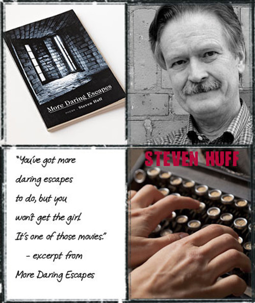 More Daring Escapes by Steven Huff, image of the book cover, author portrait, and a typewriter with someone typing.