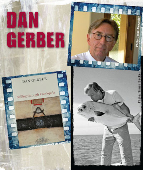 32 Bar Blues Dan Gerber - Sailing Through Cassiopeia, album cover with a portrait of Dan Gerber, a photo of a man holding a large fish, and a scene of a boat at sea.