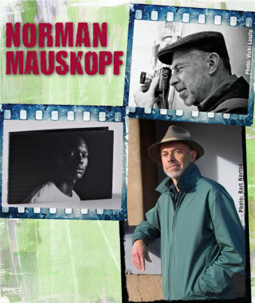 32 Bar Blues Norman Mauskopf - A Time Not Here: The Mississippi Delta, photographic collage including a black and white portrait of a woman, a black and white image of a man with a camera, and a color image of a man in a hat and jacket by the river.
