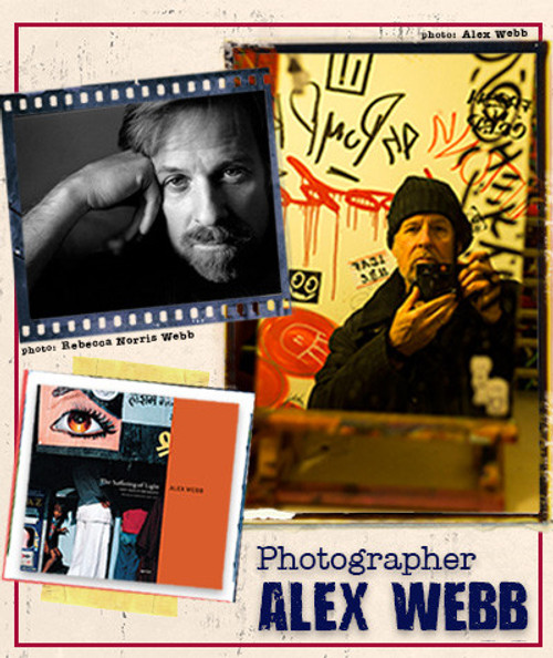 32 Bar Blues Alex Webb - The Suffering Of Light, a collage of photographs including a black and white portrait of a man, a graffiti-covered wall with a person taking a mirror selfie, and editorial shots showcasing Alex Webb's photography style.