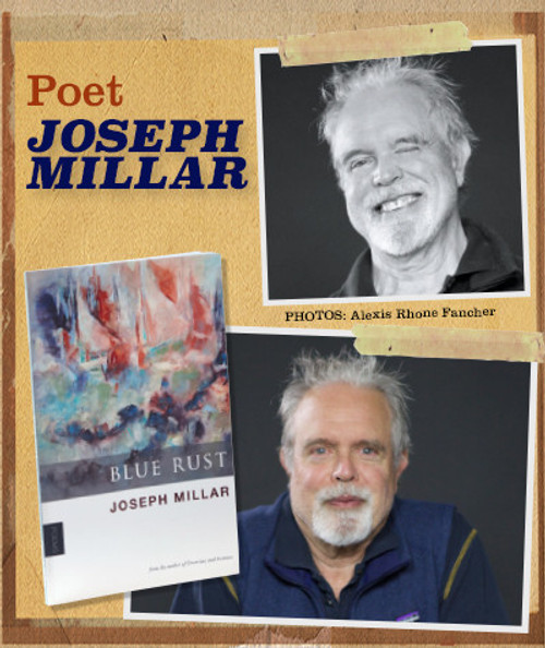 32 Bar Blues Joseph Millar - Blue Rust, a book cover featuring an abstract watercolor artwork with the title and author's name, alongside black and white photographs of Joseph Millar.