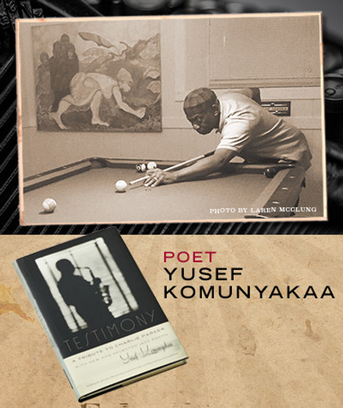 32 Bar Blues Yusef Komunyakaa - Testimony, hardcover book and a black-and-white photo of a man playing pool, with artwork on the wall in the background.