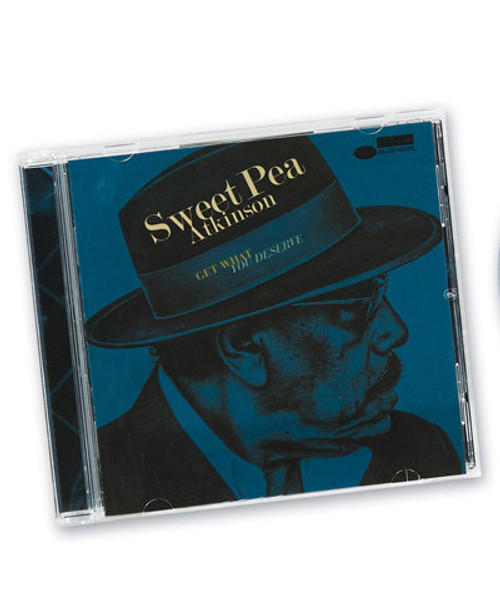 32 Bar Blues Sweet Pea Atkinson - Get What You Deserve, CD album cover featuring a blue-toned profile portrait of Sweet Pea Atkinson wearing a black hat and glasses.