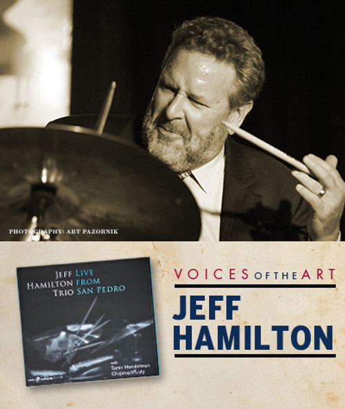 32 Bar Blues Jeff Hamilton Trio - Live From San Pedro, black and white photograph of Jeff Hamilton passionately playing drums during a live jazz performance.