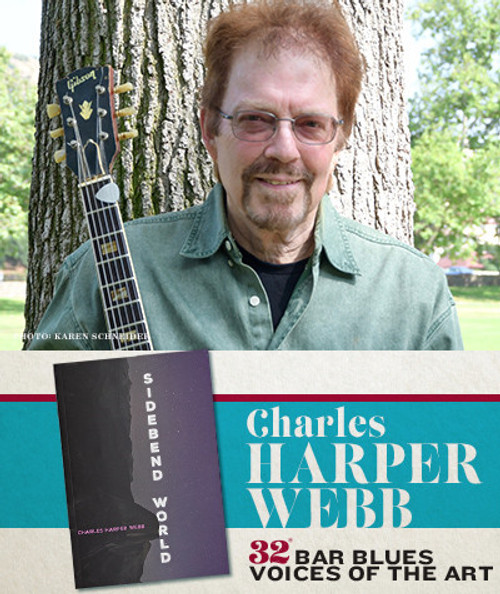 32 Bar Blues Charles Harper Webb - Sidebend World, a musician outdoors holding a guitar with a book titled 'Sidebend World' by Charles Harper Webb in the foreground.
