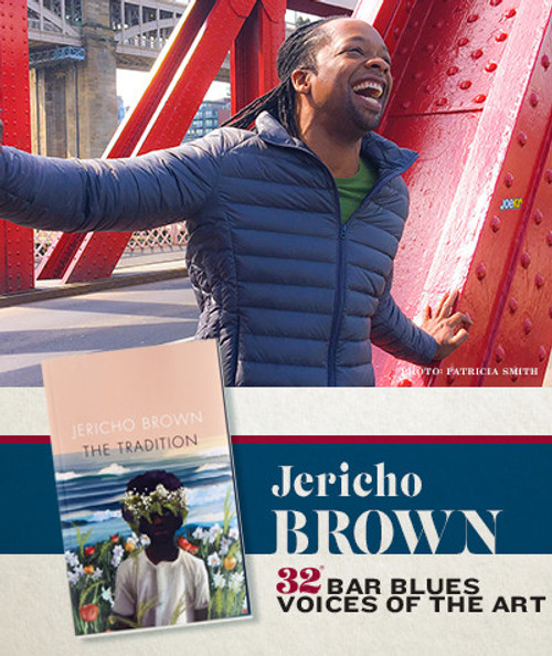 32 Bar Blues Jericho Brown - The Tradition, book cover featuring a person wearing sunglasses and a floral crown, with a colorful outdoor background.