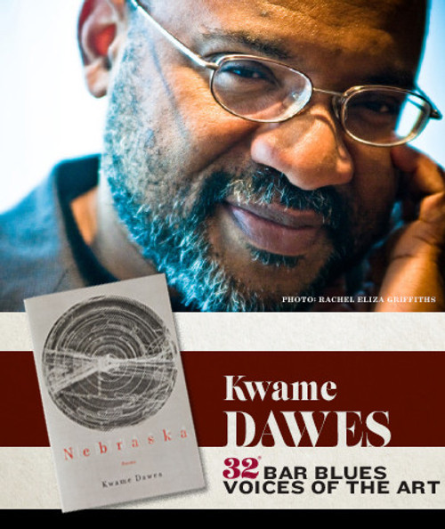 32 Bar Blues Kwame Dawes - Nebraska, close-up of author with glasses and beard, holding the book 'Nebraska' by Kwame Dawes, smiling.