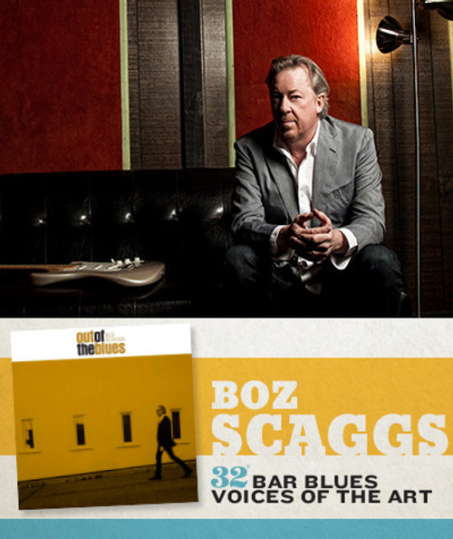 32 Bar Blues Boz Scaggs - Out Of The Blues, album cover with a yellow background and a person walking in front of a building.