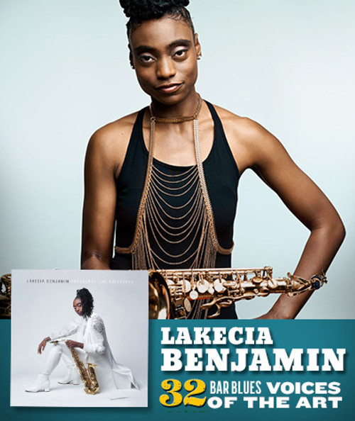32 Bar Blues Pursuance: The Coltranes - Lakecia Benjamin, a portrait of jazz saxophonist Lakecia Benjamin holding her saxophone, wearing a black top and layered necklaces.