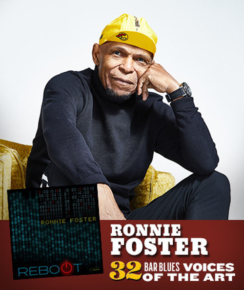 32 Bar Blues Ronnie Foster - Reboot, a music album cover featuring a digital blue and black background with the artist's name and album title.