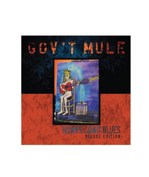 32 Bar Blues Gov't Mule - Heavy Load Blues (Deluxe Edition) album cover, featuring a cartoonish illustration of a figure playing guitar, with bold, textured background and vibrant colors.