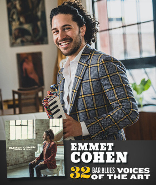 32 Bar Blues Emmet Cohen - Uptown in Orbit, album cover featuring Emmet Cohen sitting on a chair in a studio setting with a relaxed pose.