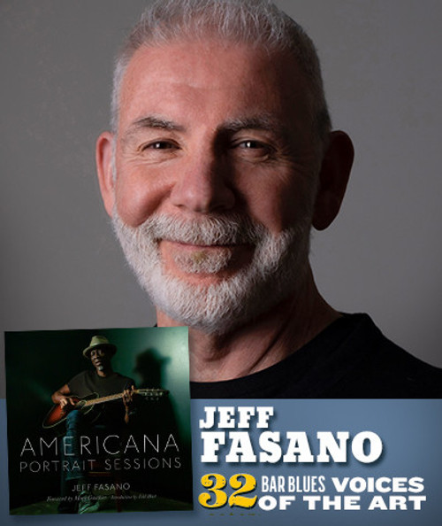 32 Bar Blues Jeff Fasano - Americana Portrait Sessions, close-up portrait of Jeff Fasano with a smile, promotional image for his music session album.